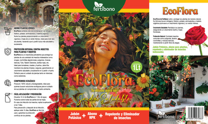 FERTIBONO EcoFlora - Fórmula Premium para Flores: Jabón Potásico, Abono y Extractos Naturales (750ml), Cuida y Protege tus Plantas de Interior y Exterior contra Plagas, Pulgón, Ácaros,Cochinilla,Taladro