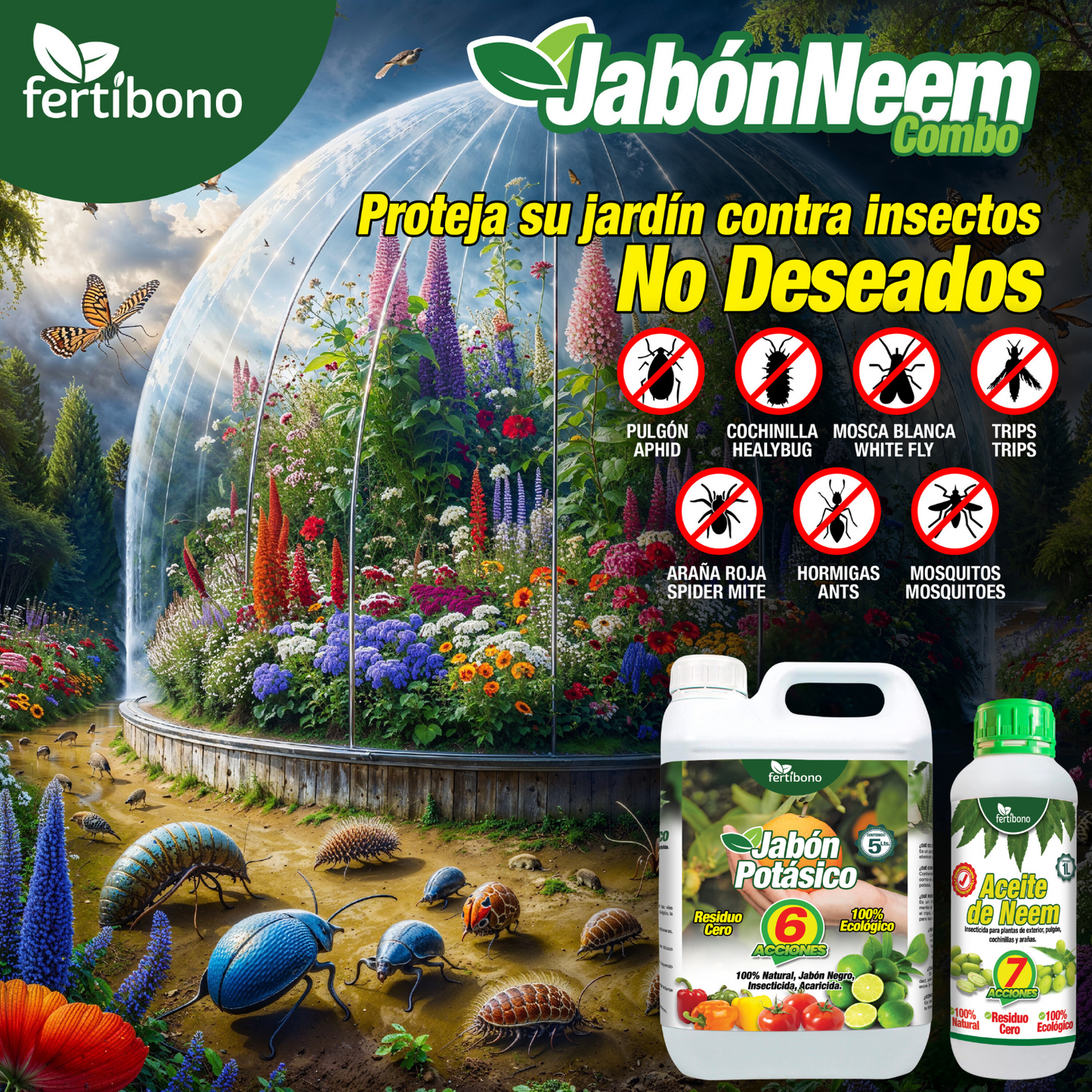 Fertibono PotaNeem: Concentrado Jabón Potásico y Aceite de Neem Extraído en Frío - 5L+ 1L - Máxima Eficacia y Ahorro en Control de Plagas para Plantas y Huertos