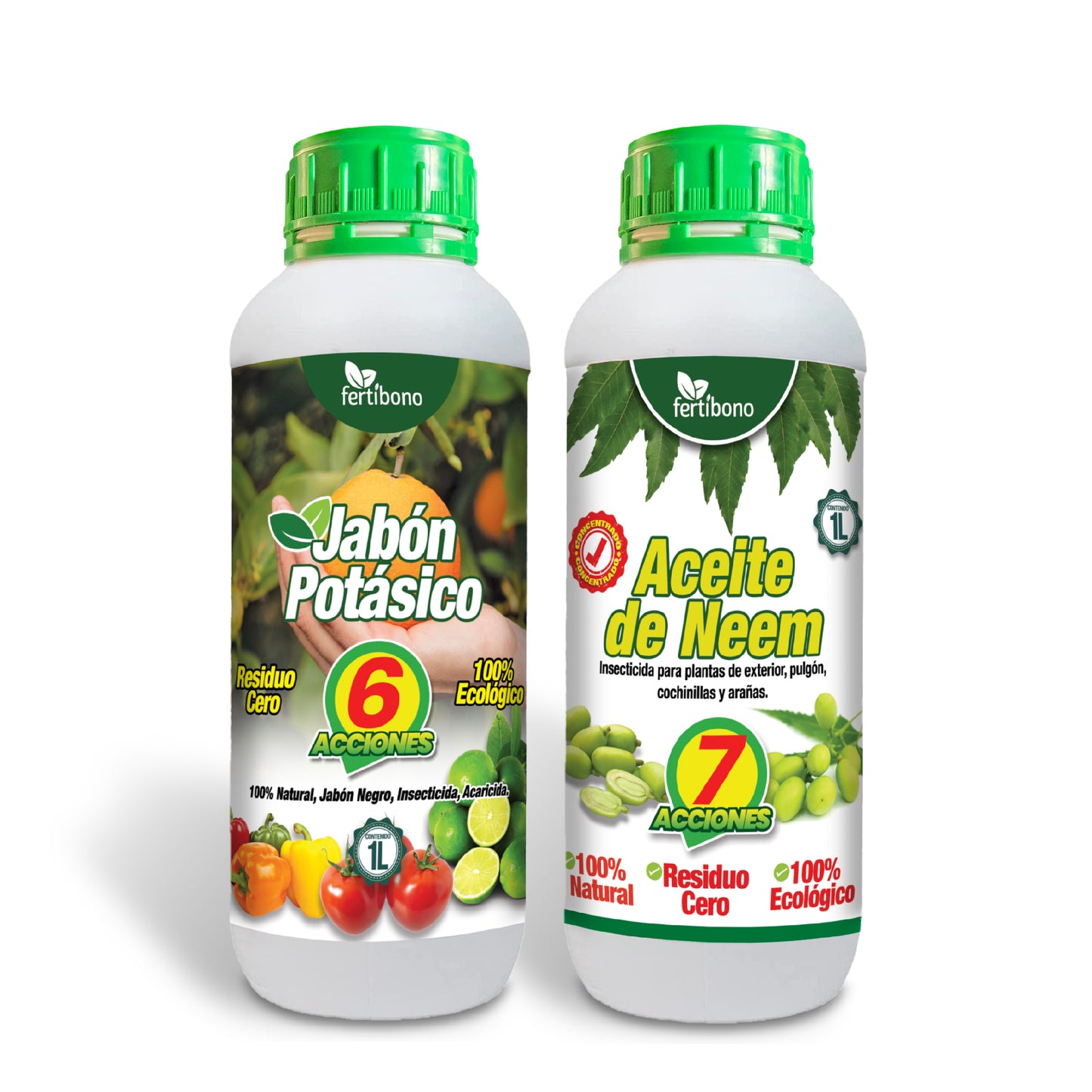 FERTIBONO Jabón Potásico y Aceite de Neem, 100% Naturales para Control de Plagas y Enfermedades en Plantas – Máxima Concentración y Máxima Efectividad (Pack 1L +1L)