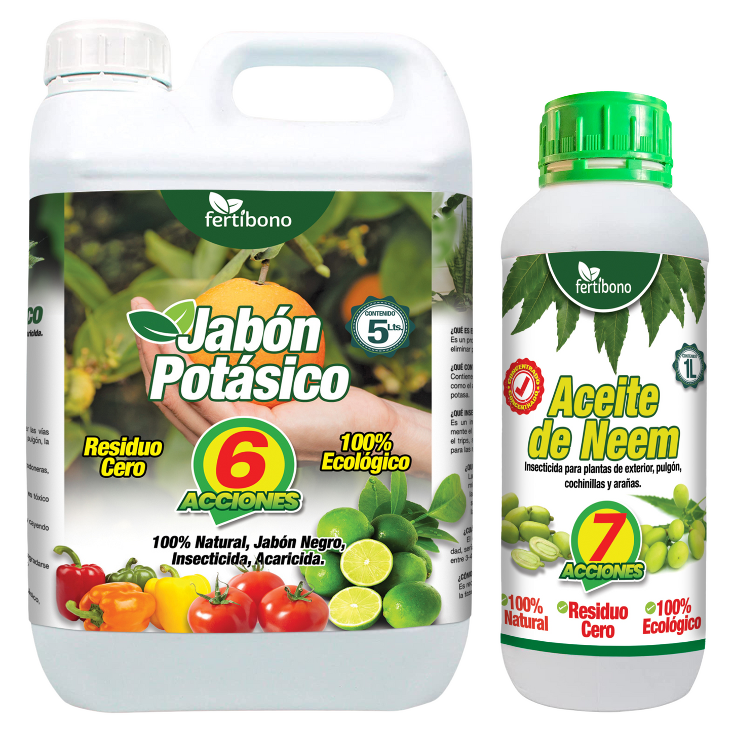 Fertibono PotaNeem: Concentrado Jabón Potásico y Aceite de Neem Extraído en Frío - 5L+ 1L - Máxima Eficacia y Ahorro en Control de Plagas para Plantas y Huertos