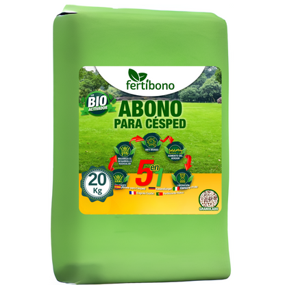 FERTIBONO Abono Césped, Antimusgos, Liberacion Lenta, Primavera, Verano, Acción 5 en 1, (20 Kg)