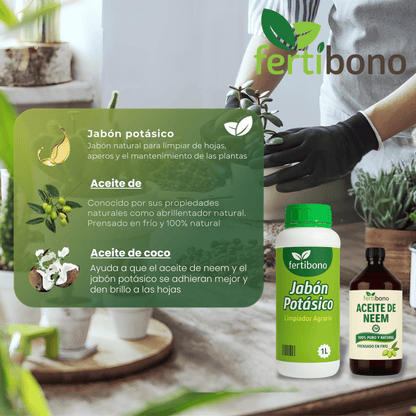 Fertibono JaboNeem - Jabón Potásico y Aceite de Neem - 1 + 250Ml - Limpieza y Cuidado Natural para Plantas y Jardín - 100% Ecológico y Biodegradable