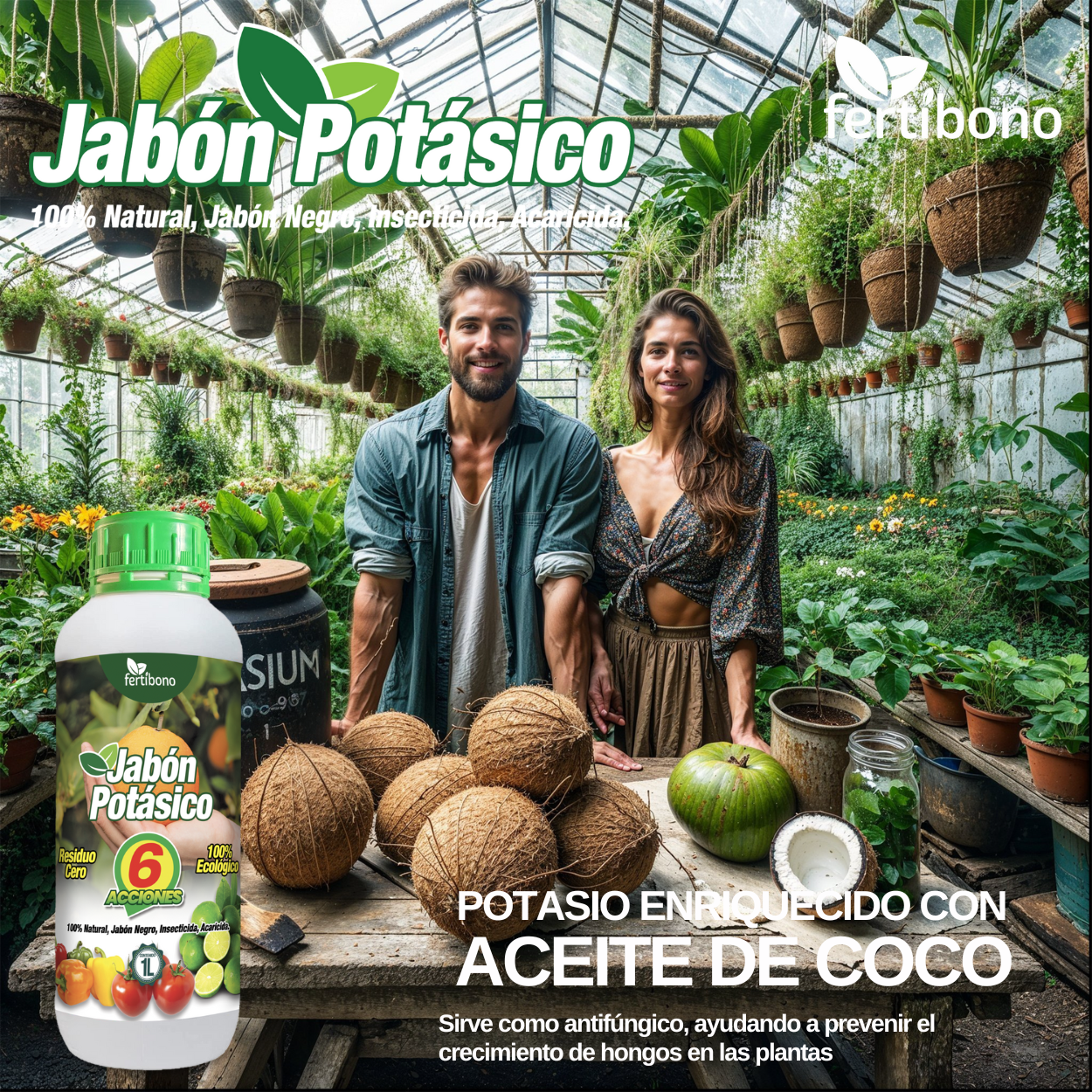 FERTIBONO Jabon Potasico Ultra Concentrado - El Más Eficaz 100% Natural y Residuo Cero Insecticida para Plantas, Potente contra Pulgón (1L)