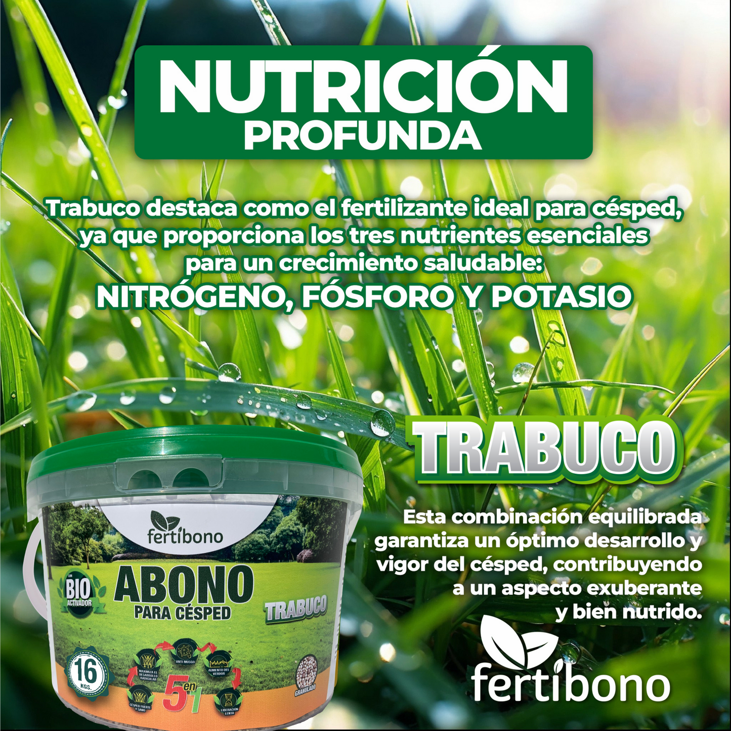 FERTIBONO Abono Césped, Antimusgos, Liberacion Lenta, Primavera, Verano, Acción 5 en 1, (16 Kg)