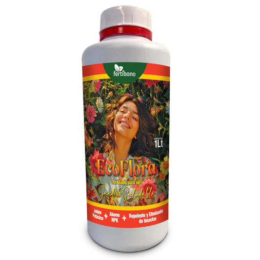 FERTIBONO EcoFlora - Fórmula Premium para Flores: Jabón Potásico, Abono y Extractos Naturales (1 L), Cuida y Protege tus Plantas de Interior y Exterior contra Plagas, Pulgón, Ácaros,Cochinilla,Taladro